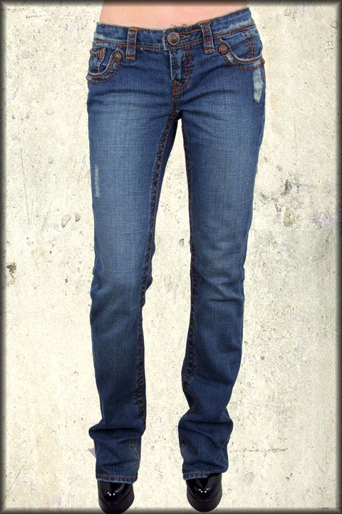 WOMEN/'S SKULL POCKET BLUE DENIM JEANS