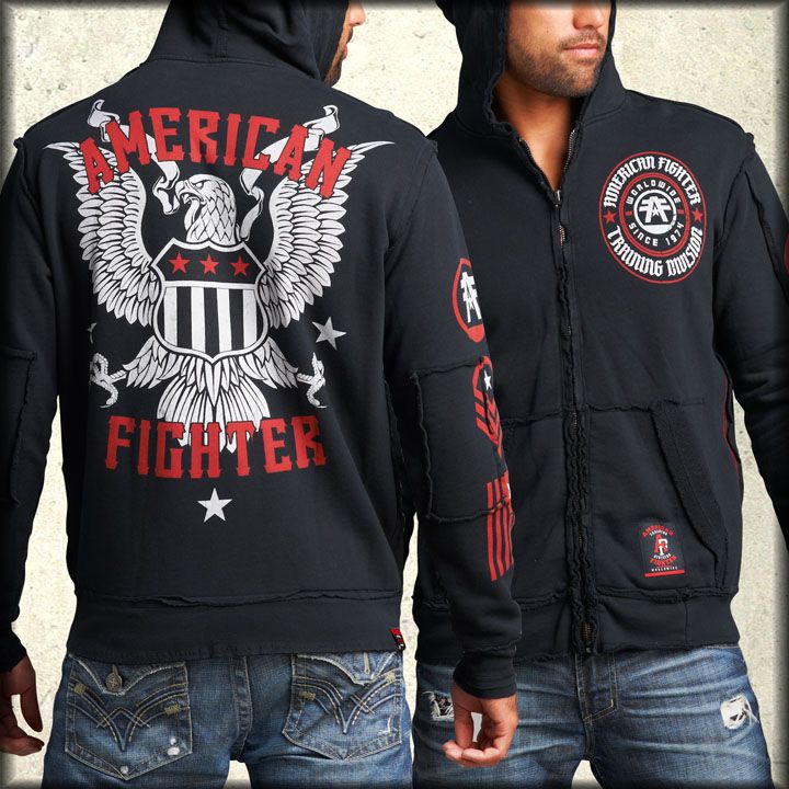 American Fighter Division Eagle Emblem Mens Long Sleeve Zip Front Hoodie In Black Sizes S M Left