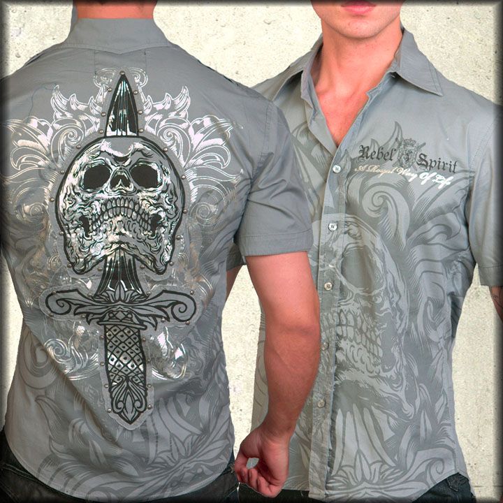 Rebel Spirit Gladius Trophy Skull Sword Metal Studded Mens Short