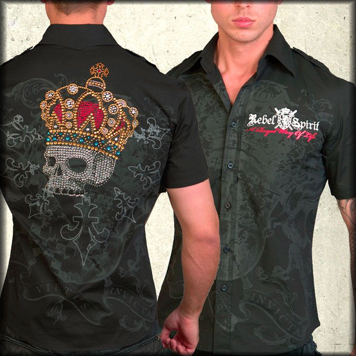 Rebel Spirit Glory Skull Crown Ornate Filigree Rhinestones Mens
