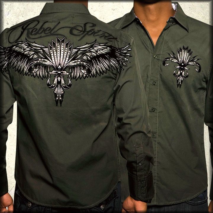 Rebel Spirit Flight Feather Wings Tribal Mens Long Sleeve Button