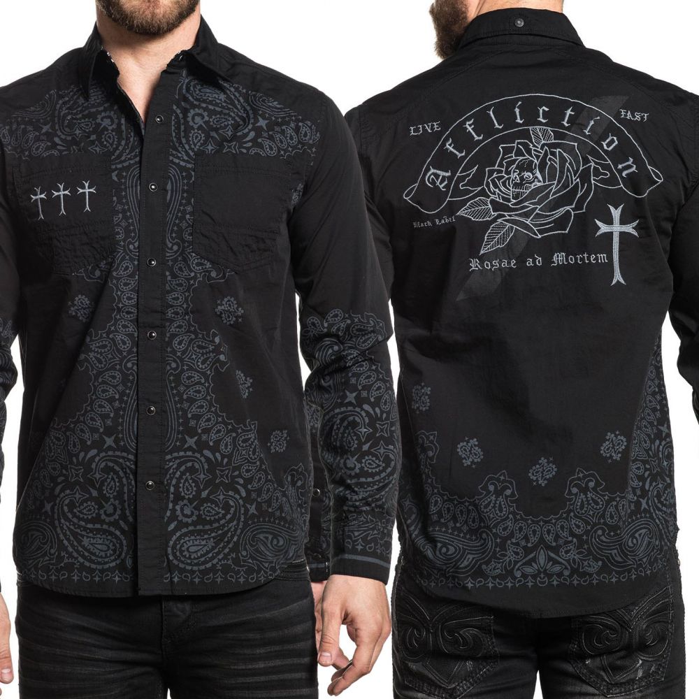 Affliction Live Fast Crucial Paisley Cross Skull Roses Back Mens