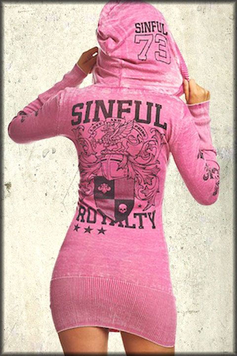 Sinful Dakota Fleur Skull Shield Womens LS Hoodie Sweater Dress Top Pink XS S M